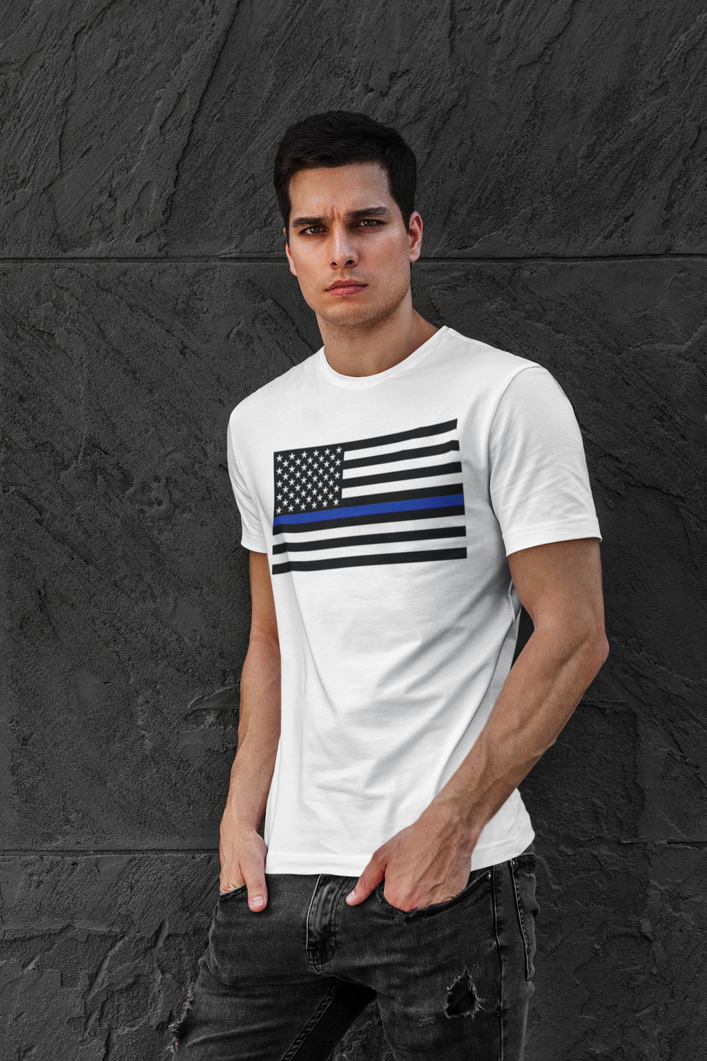 American Heritage Graphic Short Tee - American Flag "Police" Blue Line Flag T-Shirt