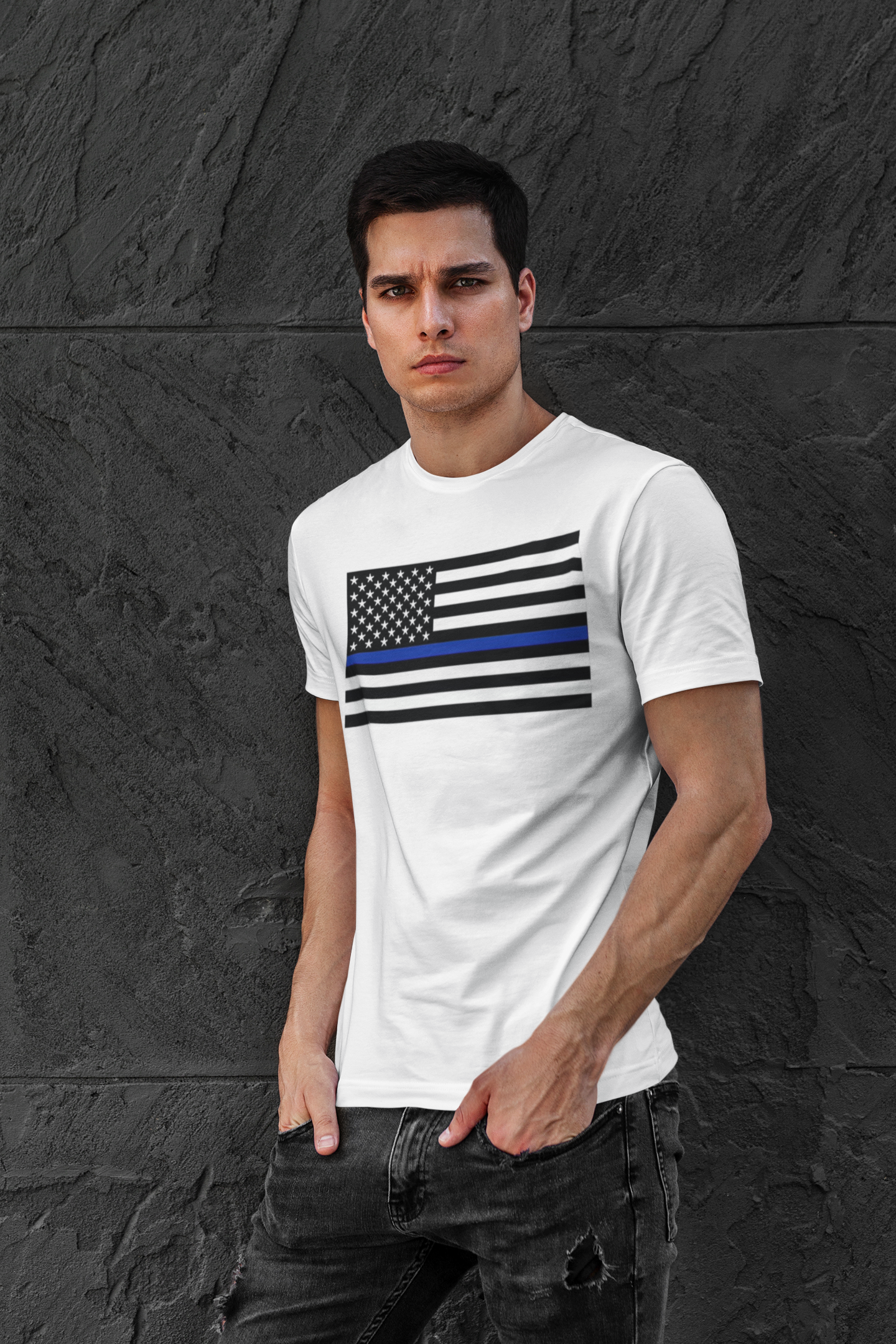American Heritage Graphic Short Tee - American Flag "Police" Blue Line Flag T-Shirt