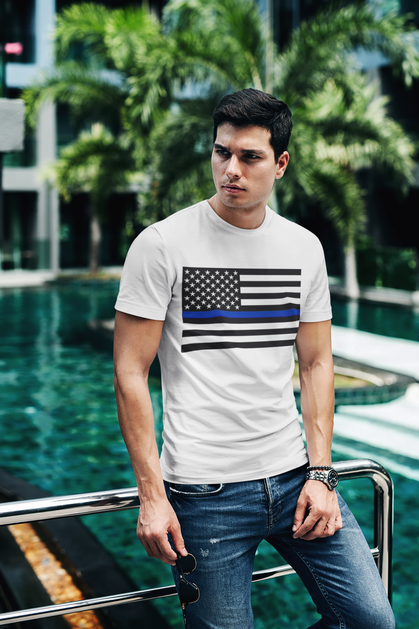 American Heritage Graphic Short Tee - American Flag "Police" Blue Line Flag T-Shirt